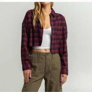 BDG Urban Outfitters Brendan Womens Oversized Cropped Red Flannel Small